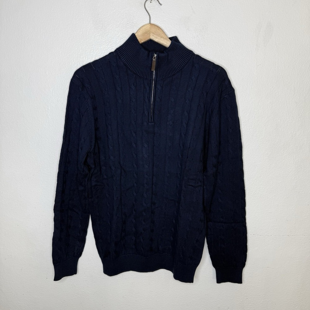 New Collars & Co Kensington Cable Knit Navy Blue Quarter Zip Sweater Men's Large
